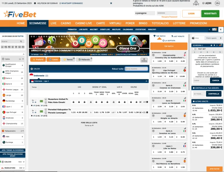 Schermata scommesse sportive Fivebet
